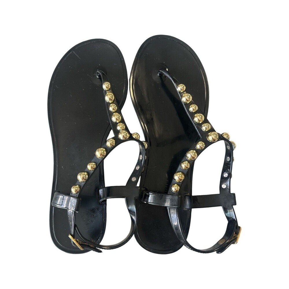 Chinese Laundry Black Studded Jelly T Strap Sandals Gold Studs Women’s Size 8 - Picture 2 of 6